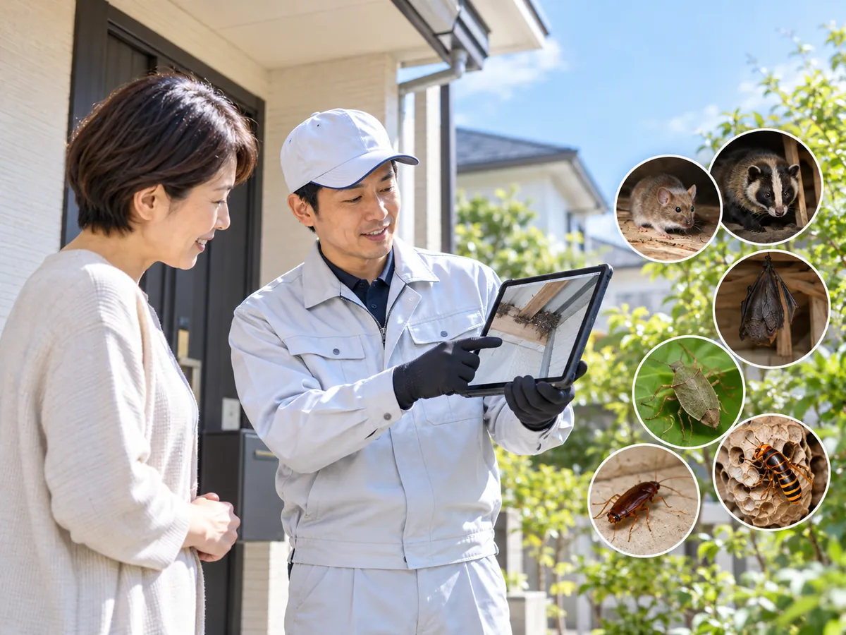 住まいの害虫・害獣の点検内容を説明する作業員
