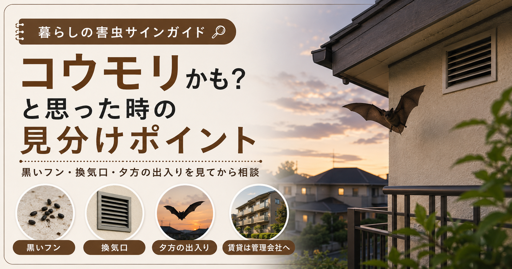 コウモリかもしれない時の見分けポイント｜黒いフン・換気口・夕方の出入り